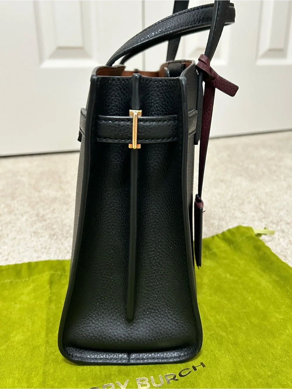 Tory Burch Small Robinson Black Satchel with burgundy luggage tag DISCONTINUED